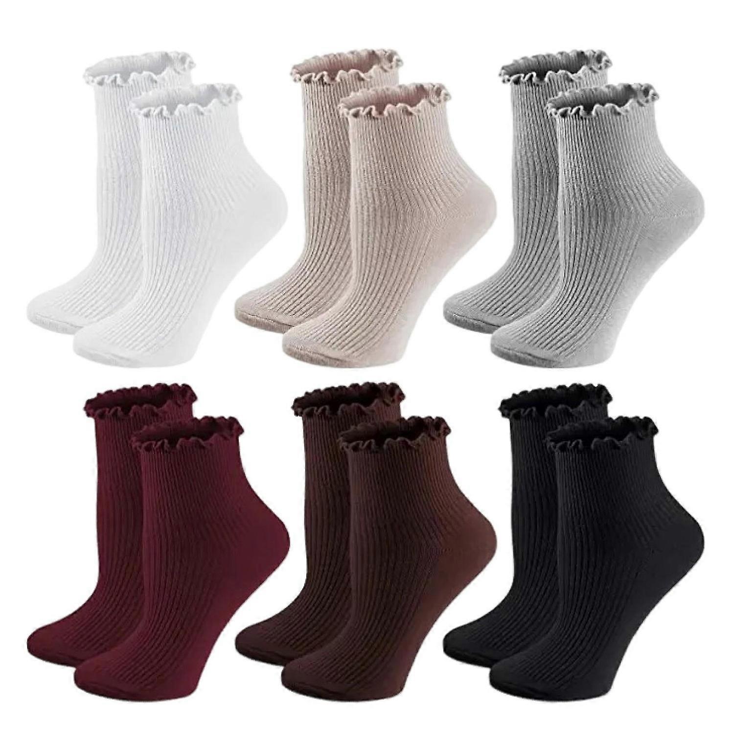6 Pairs Women Socks Ruffle Edge Solid Color Anti-slip High Elasticity Ankle Length Low-cut Daily
