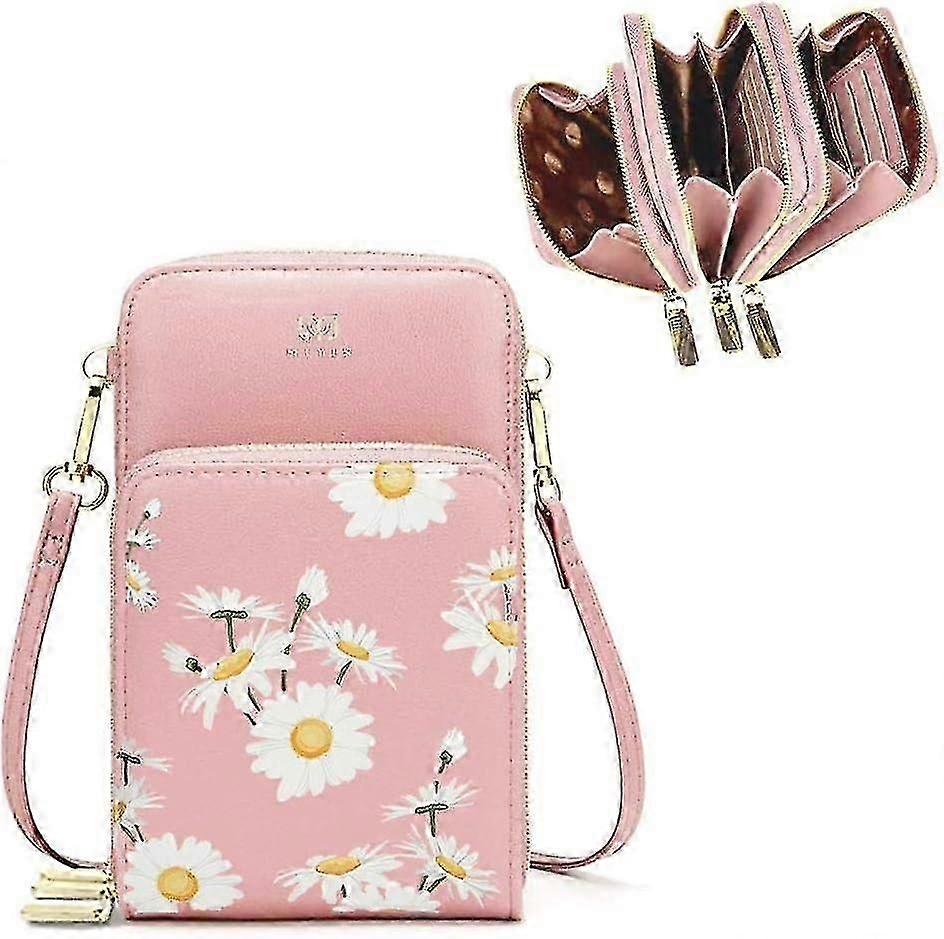 Women's Mini Crossbody Phone Bag - Pink Daisy Design Card Slots