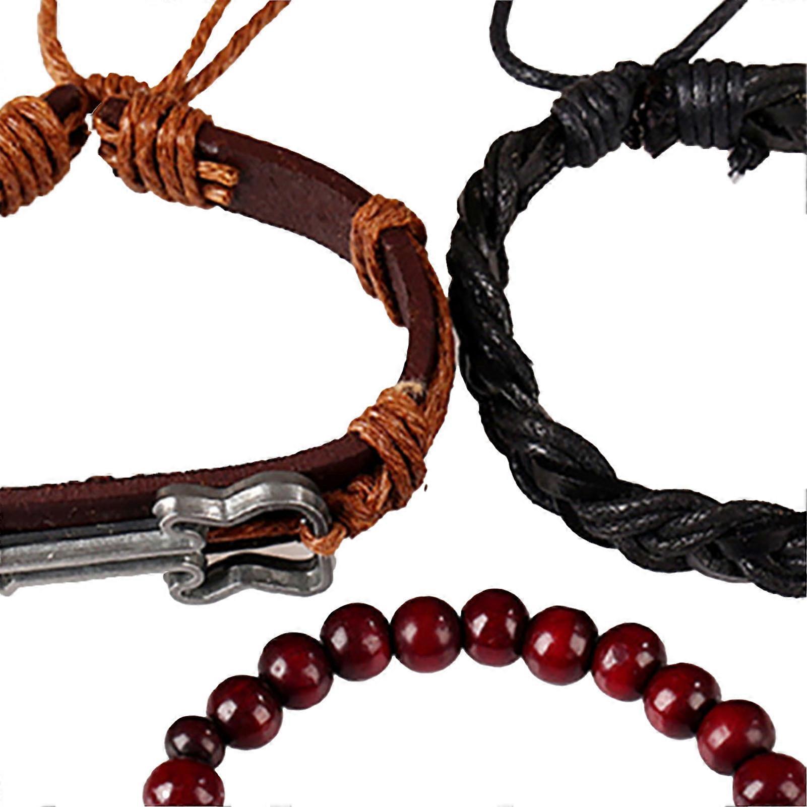 3Pcs Unisex Leather Beaded Bracelets Set, Adjustable 6cm Dia