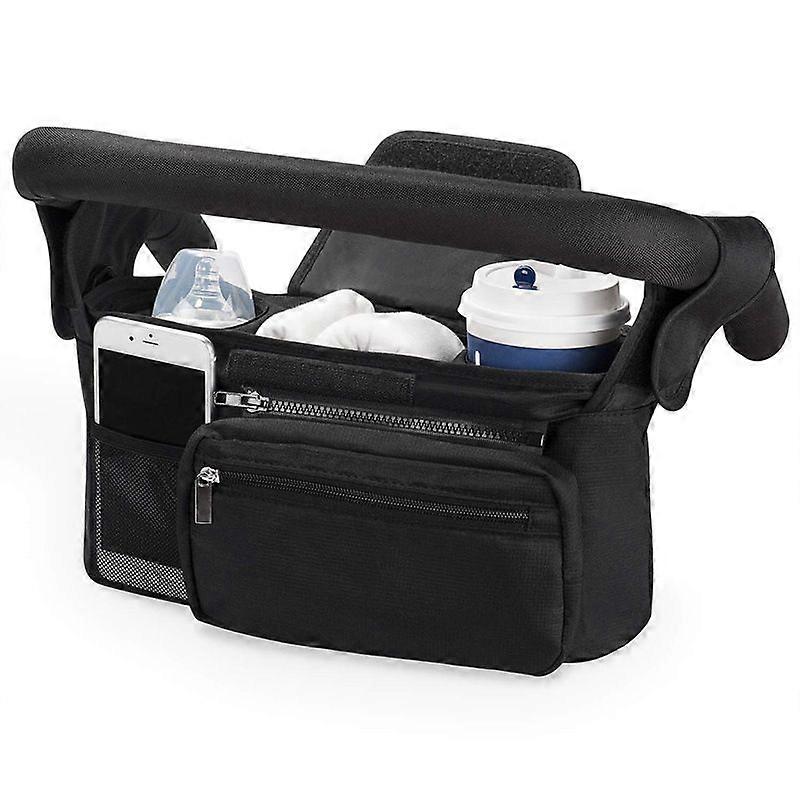 Stroller and Pram Organizer, Universal Storage Bag with 2 Insulated Cup Holders Bottle Holders, Large Capacity Pocket for Phone and Baby Accessories,