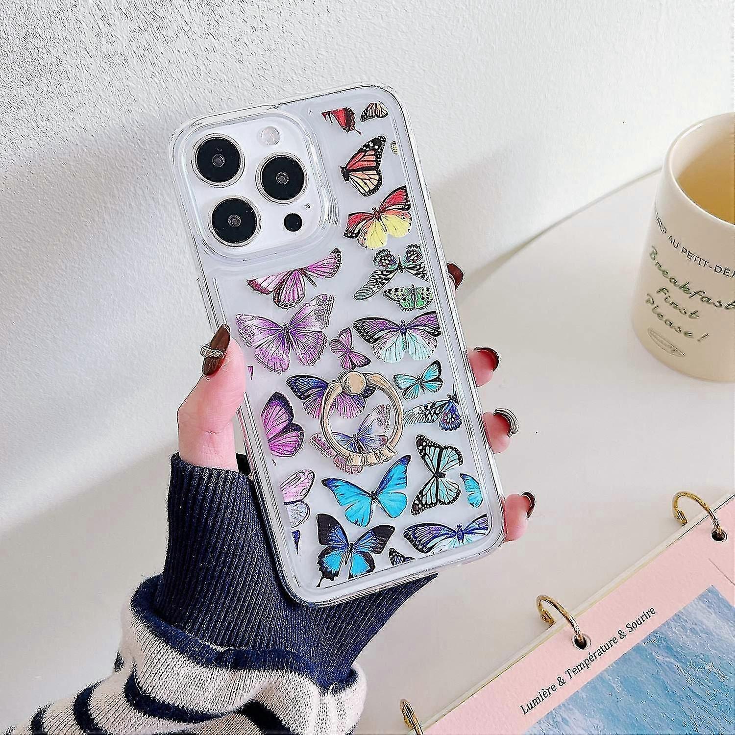 For Iphone 15 Pro Max Phone Case Butterfly Pattern Tpu Airbag Cover With Kickstand - Style E