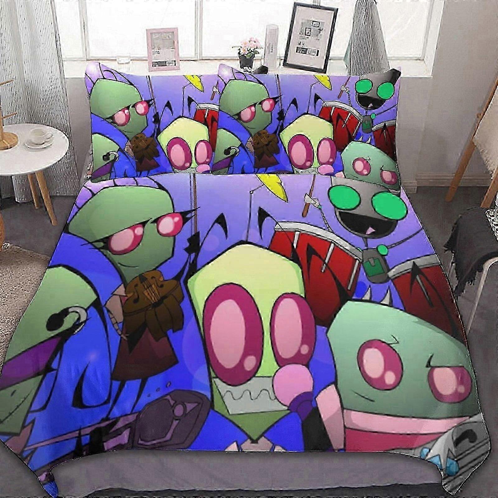 v1493 Lakan Alien Invader Zim3 stycken sängkläder Se Bekväm mjuk täcke Se dekoration sovrum gif (1 påslakan och 2 örngott) Säng Shee