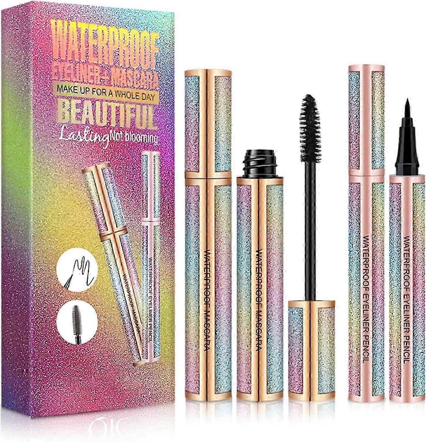 Mascara Eyeliner Set, Waterproof 4D Silk Fiber Eyelash Mascara, Extension Thickening Lengthening Voluminous Mascara, Natural Smudge-Proof