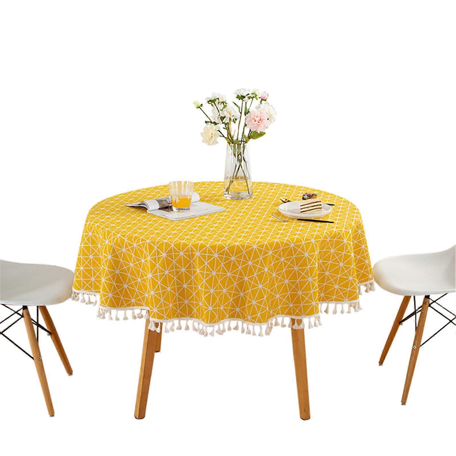 Yellow Checker Tassel Tablecloth 60-Inch For Kitchen Tabletop Decor Checkered Pattern Tassel Edge