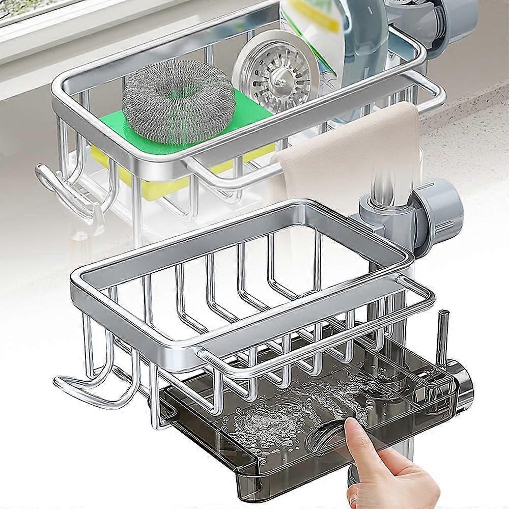 Kitchen Sink Faucet Organizer, Adjustable Detachable Sponge Holder for Soap and Shampoo, Silver Left, 2024 Upgrade