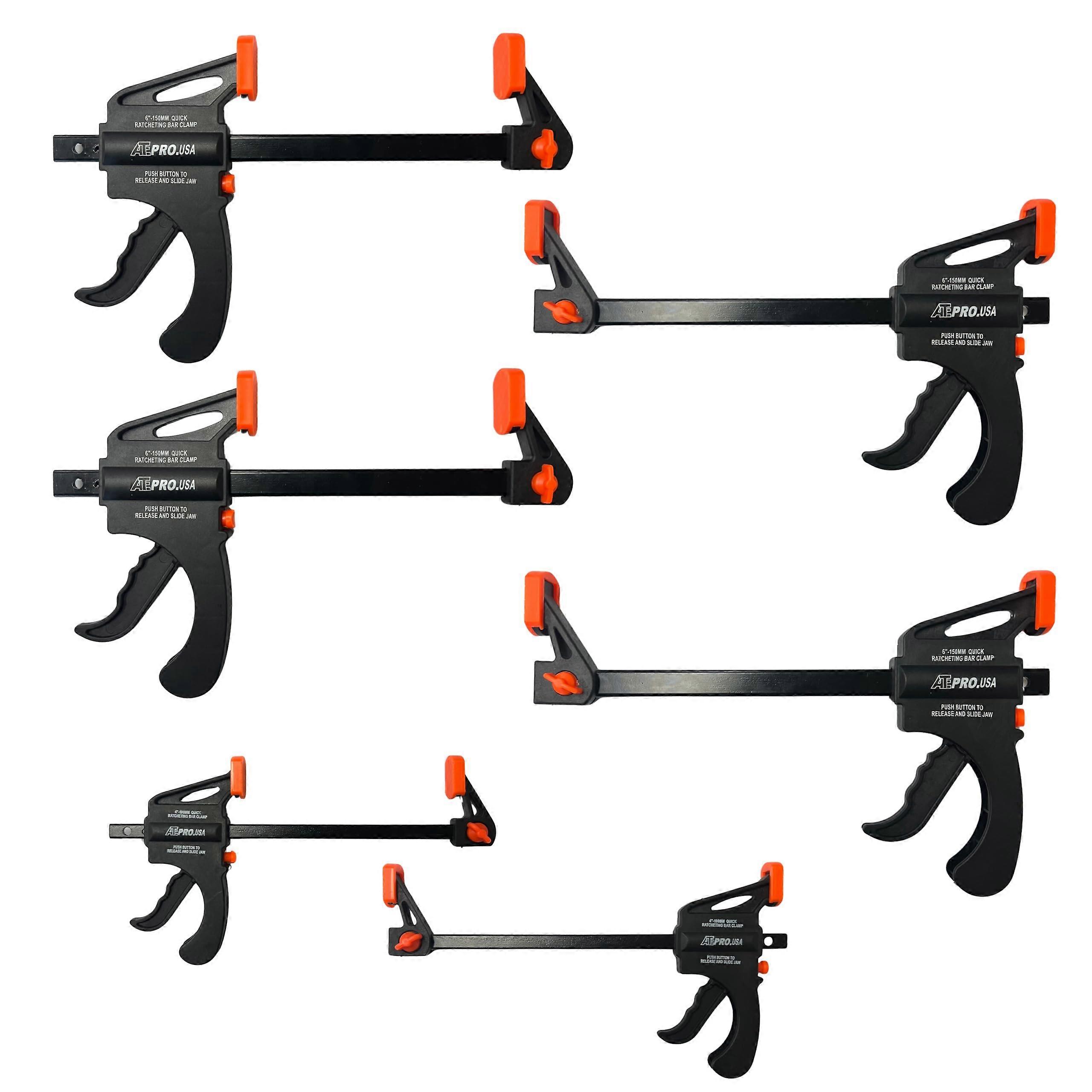 ATE Pro Tools - 6pc Trigger Bar Clamp Set, 6' Bar Clamps, 4' Bar Clamps, One-Handed Clamp/Spreader, Quick Grip Clamps