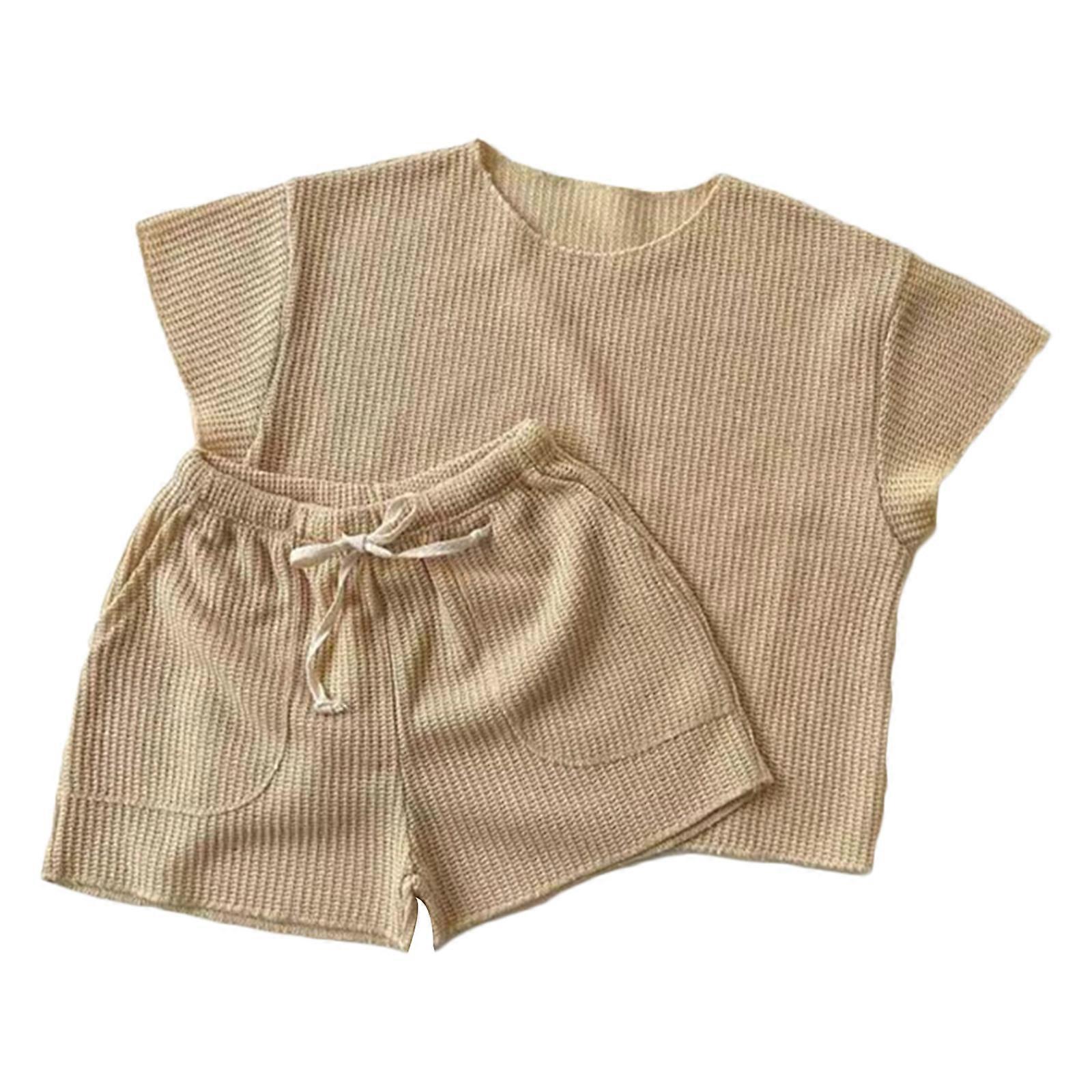 0-3Y幼儿装婴儿套装短袖T恤短裤套装纯色夏季休闲家居服亲肤服装黄色90