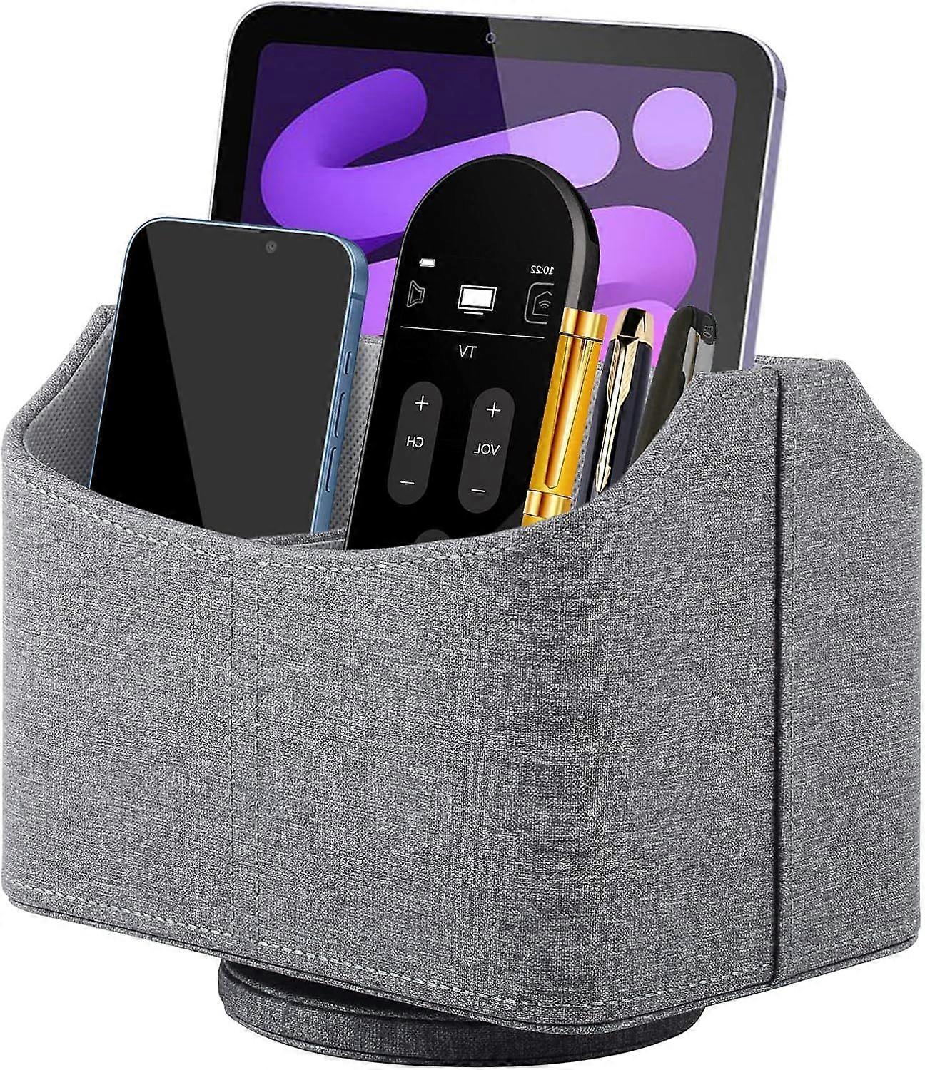 360 Rotating Remote Control Holder TV Remote Control Storage PU Leather Caddy with 5 Compartments Multi-Functional for Bedside Table Desk - Grey