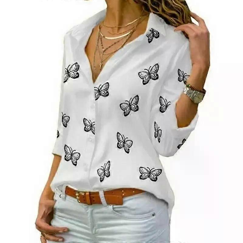 Women Long Sleeve Blouse Oversized Spring Autumn Turn Down Collar Loose Office Lady Casual Butterfly Printing Basic