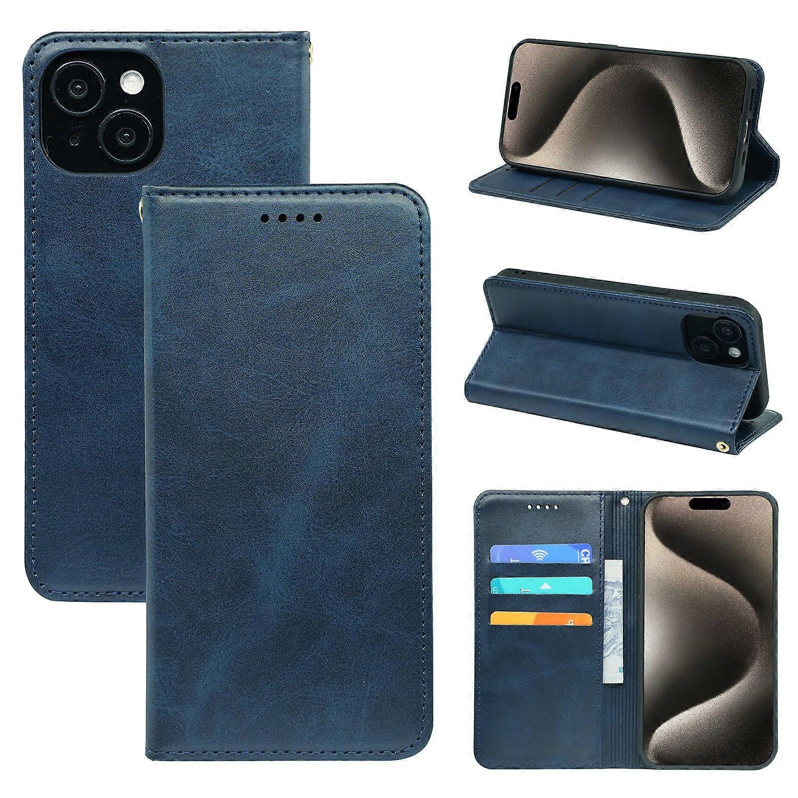 Case For Iphone 14 Pro Max Blue Calfskin Magnetic Flip Stand