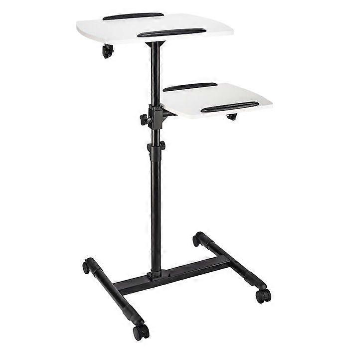 "2-level projection table (42x50/40x35cm), height adjustable with wheels."