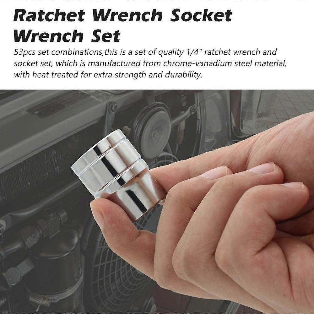 53PCS 1/4" Chrome-Vanadium Ratchet Socket Wrench Set Tool Kit