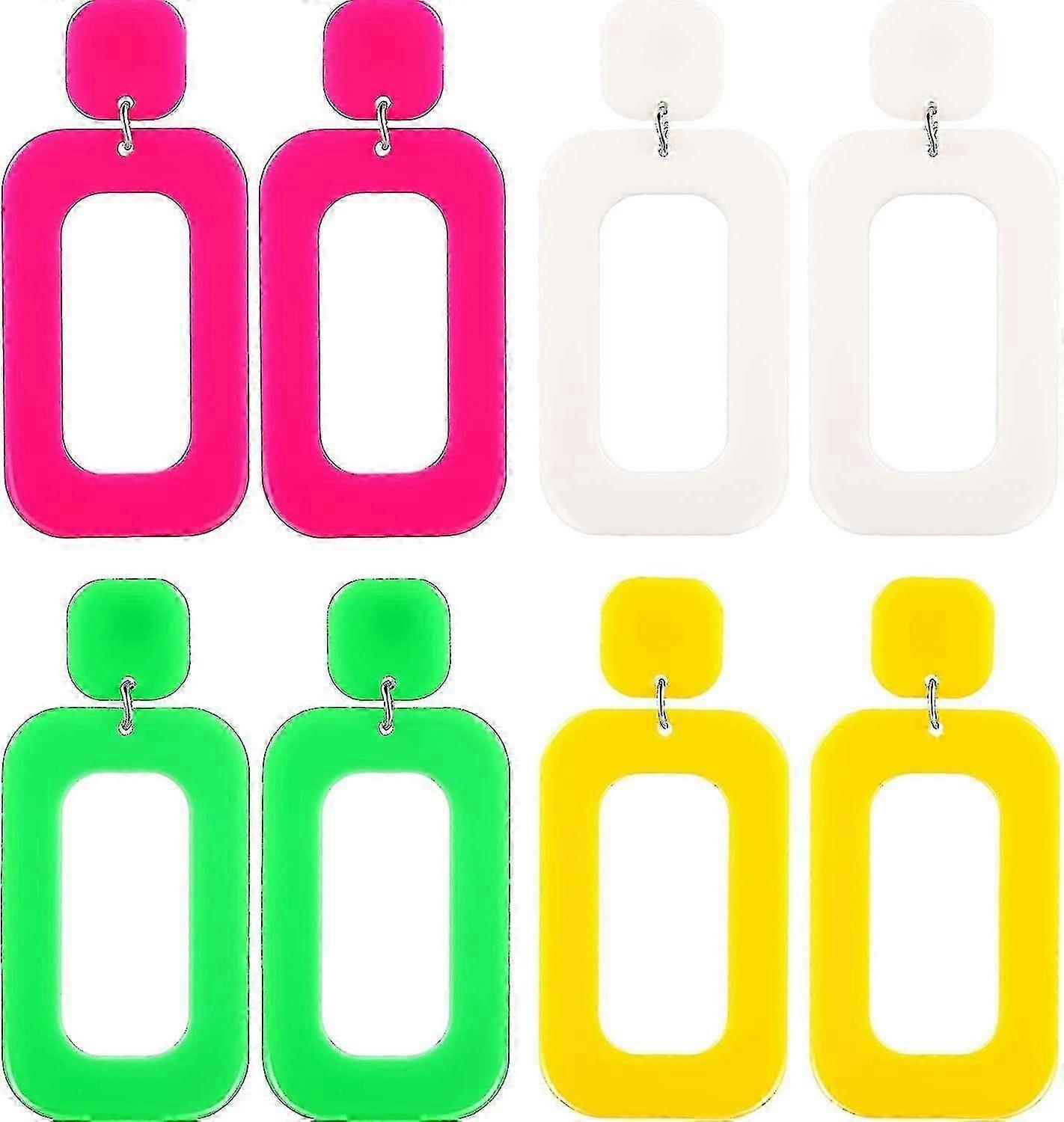 80s Neon Geometric Dangle Earrings - 4 Pairs Set