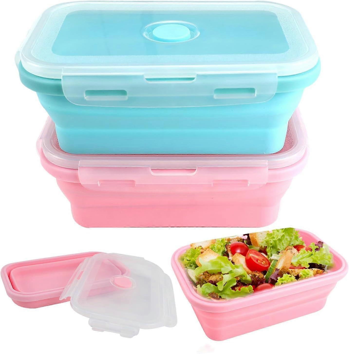 Foldable Food Storage Boxes, Pack of 2, 800 ml, for Camping, Picnic, Office (Blue Pink)