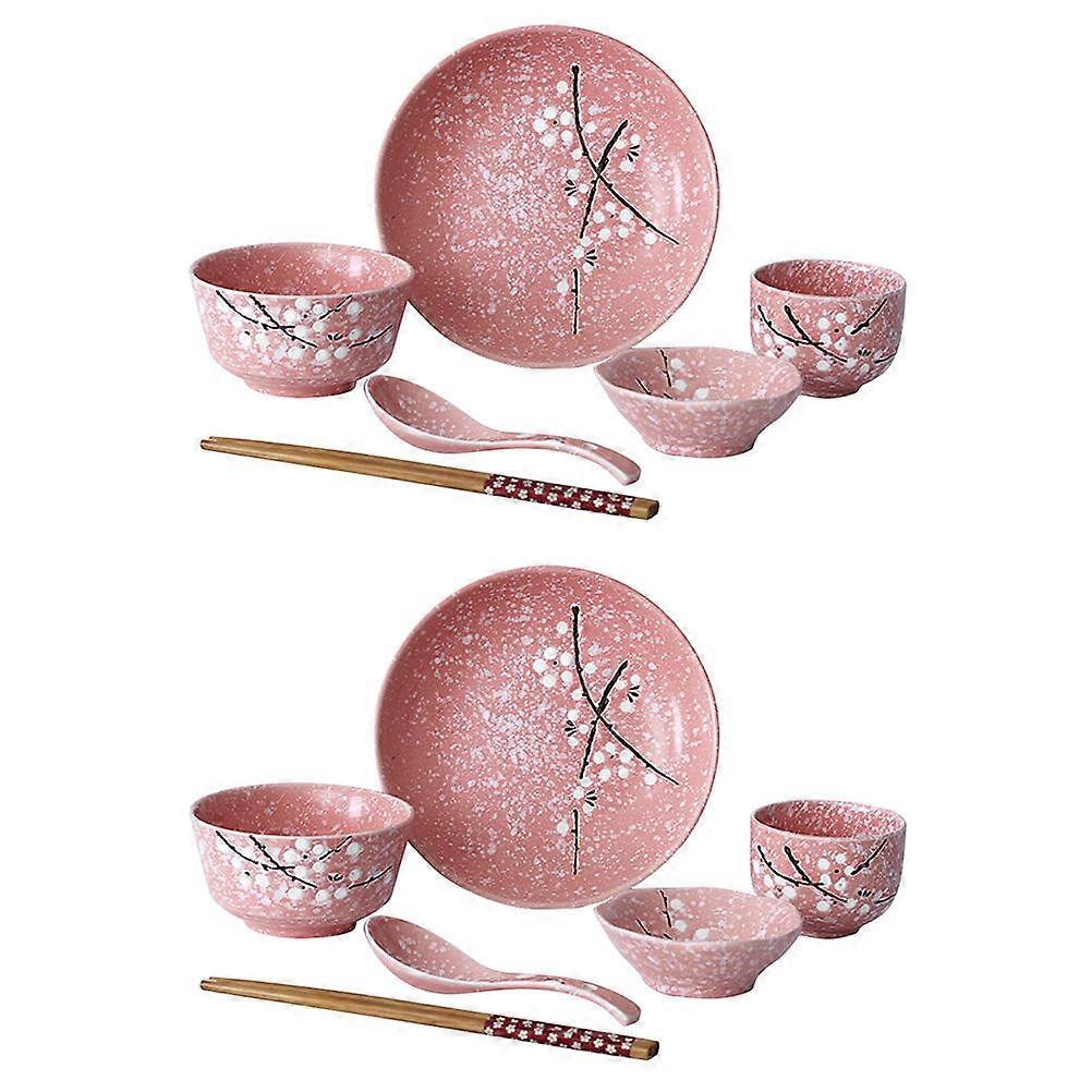 Creative Japanese Ceramic Tableware Set Pink Food Serving Utensil Kit with Bowls, Plates, Cups, Spoons & Chopsticks for Home Dining & Parties