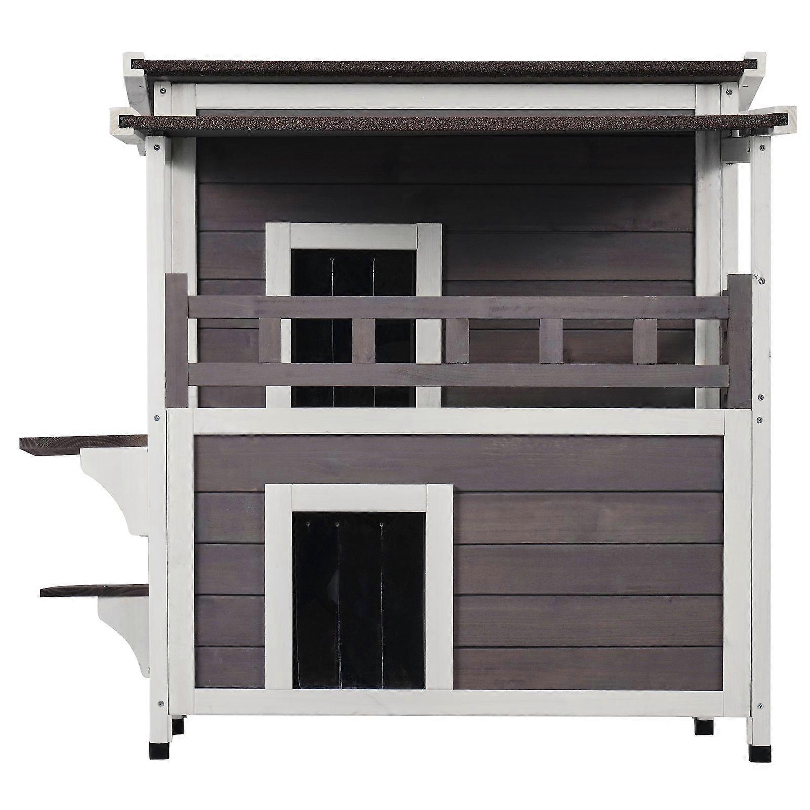 Grande maison pour chat en bois de 2 étages résistante aux intempéries avec balcon, portes, volets de porte en PVC et toit ouvert, 30 « L x 30 » L x 32 « H