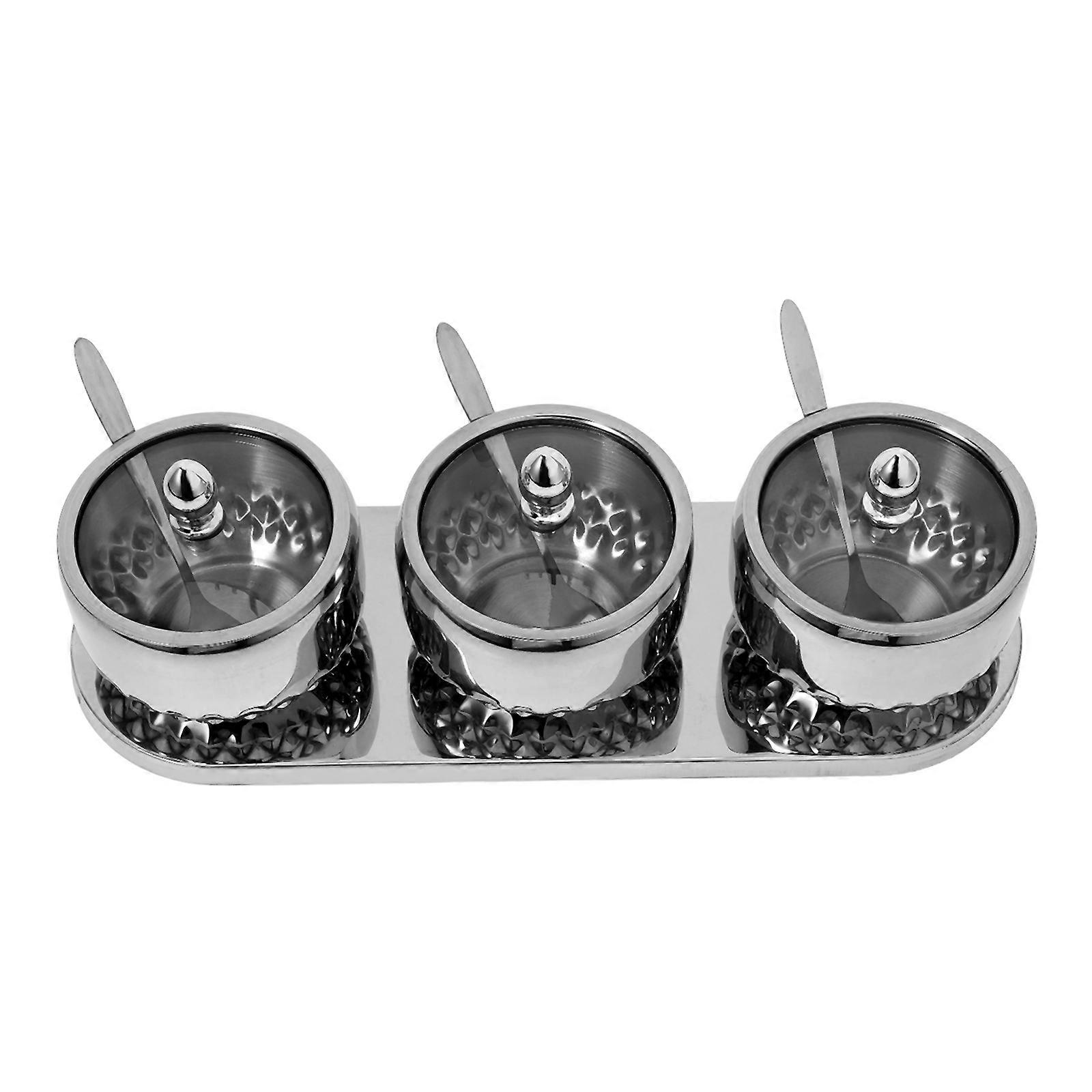 Stainless Steel Spice Container with Glass Lid, Compact Seasoning Box for Kitchen Storage, Includes Tray Base and Spoon, Visible Lid for Easy Refill
