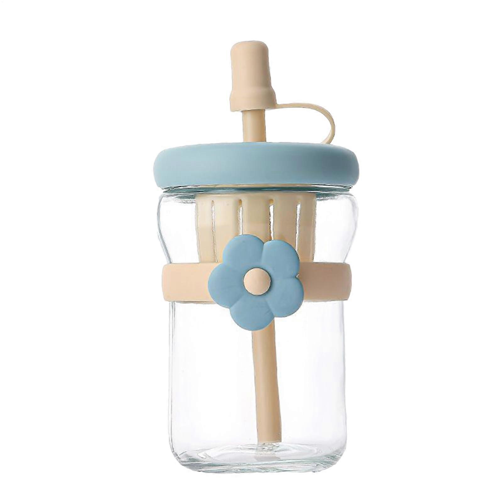 Clear Glass Water Bottle With Straw And Lid, Reusable Glass Drinking Bottle, Large Capacity, Blue