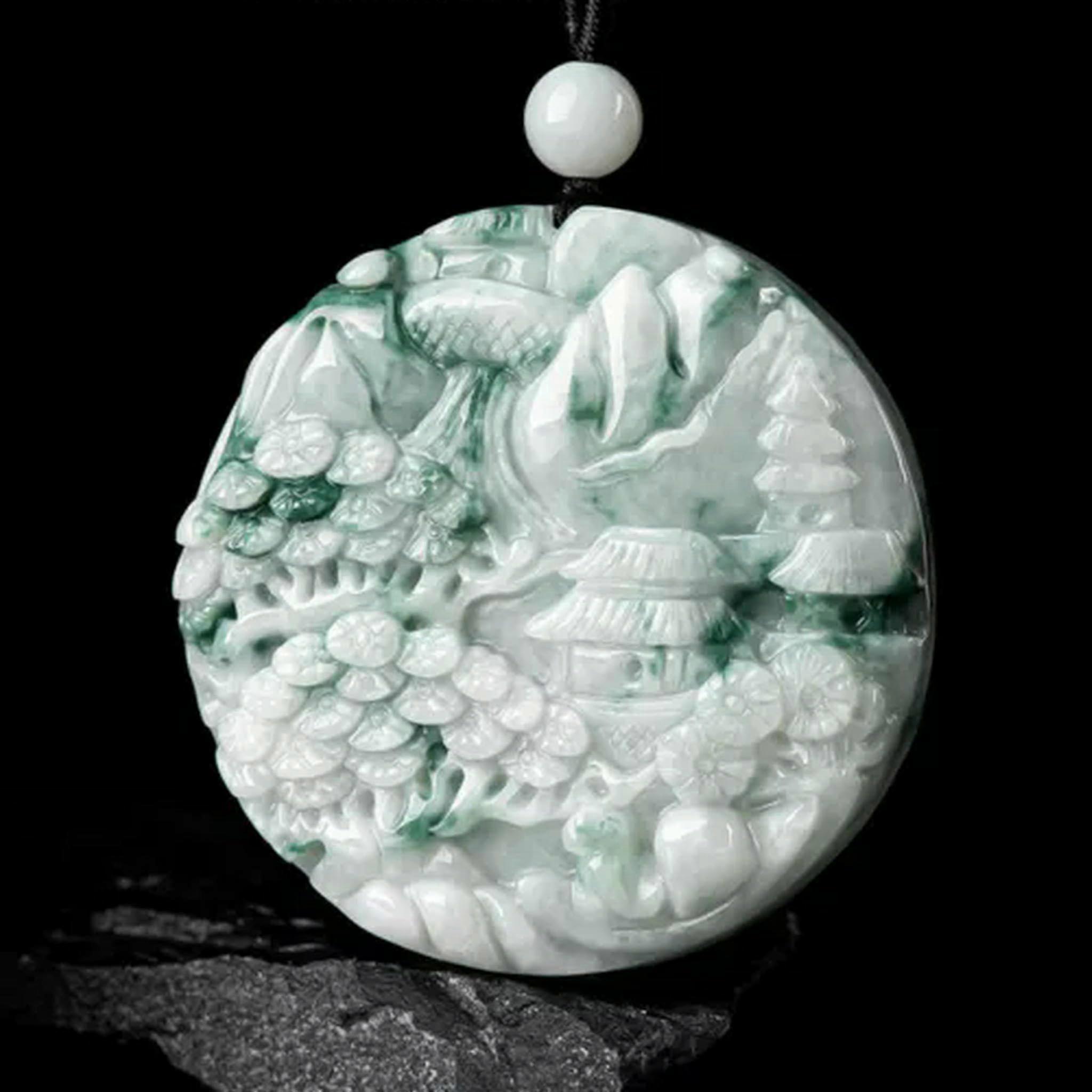 Natural Jade Jadeite Round Pendant Necklace – Grade A Mining Tree Design for Men and Women