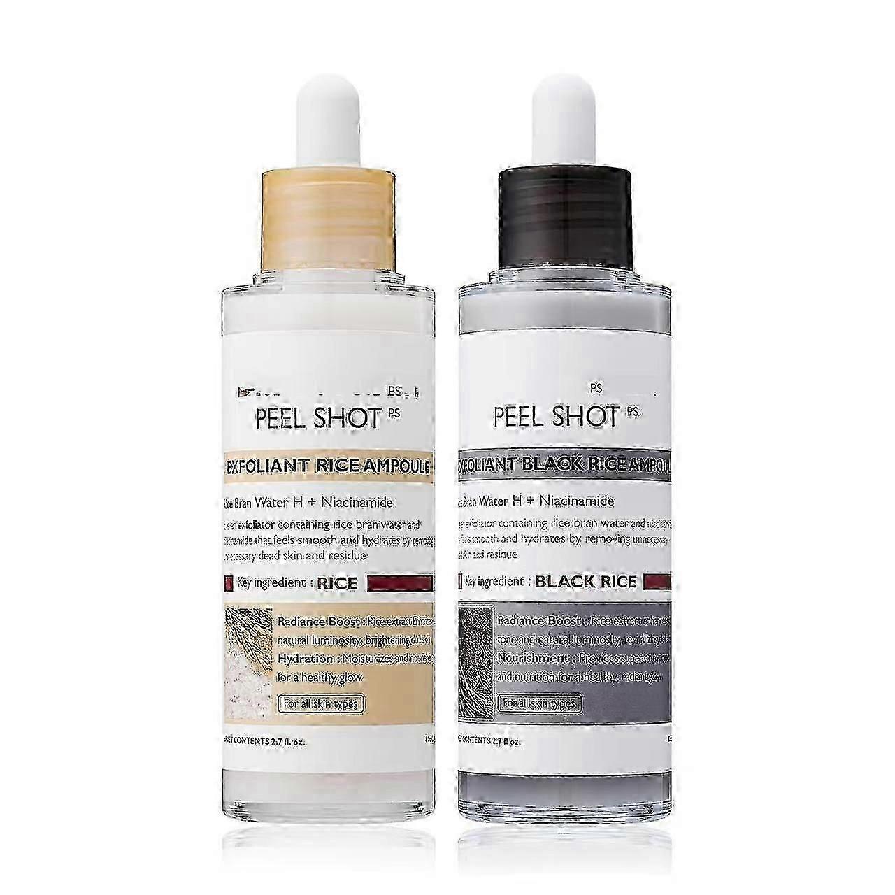 Peel Shot Glow Rice Ampoule Duo Άμπουλα λευκού ρυζιούΆμπουλα μαύρου ρυζιούΑπαλό απολεπιστικό προσώπου και σώματος για την αφαίρεση νεκρών κυττάρων και μαύρων στιγμάτων