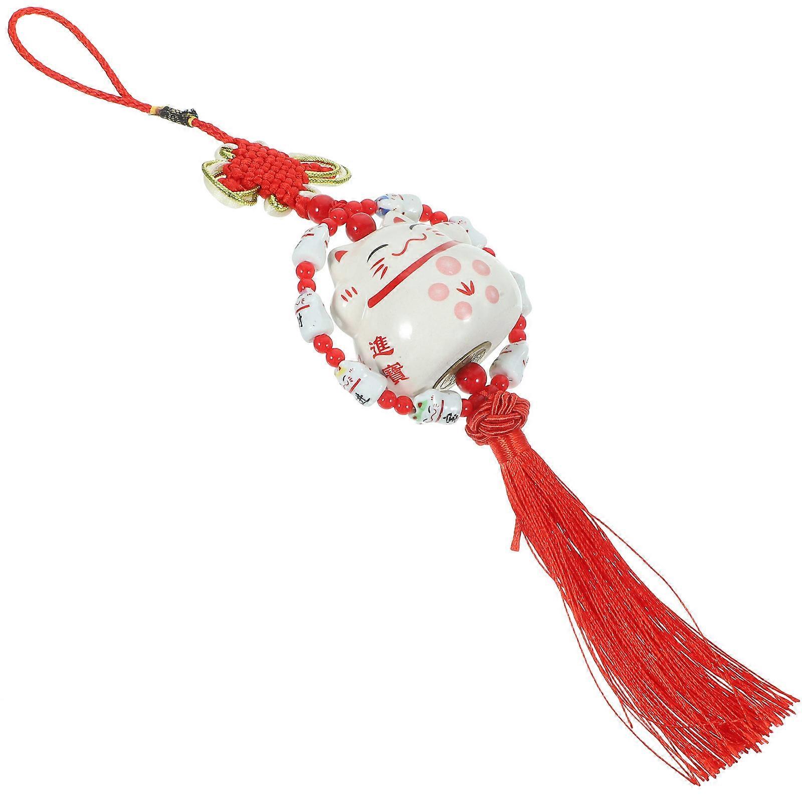 Cat Car Hanging Ornament Luck Cat Design Ceramic Car Decor Red Color Suitable For Living Room Decor 1Set