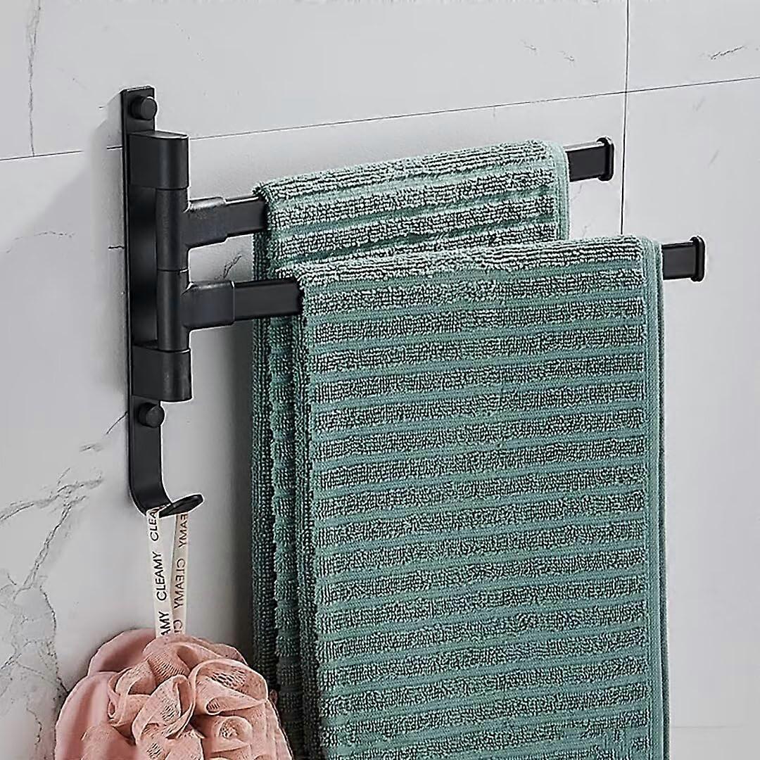 Towel Rail No Drilling 180° Swiveling 2 Arms SelfAdhesive Wall Mounted, Black 2 Bars