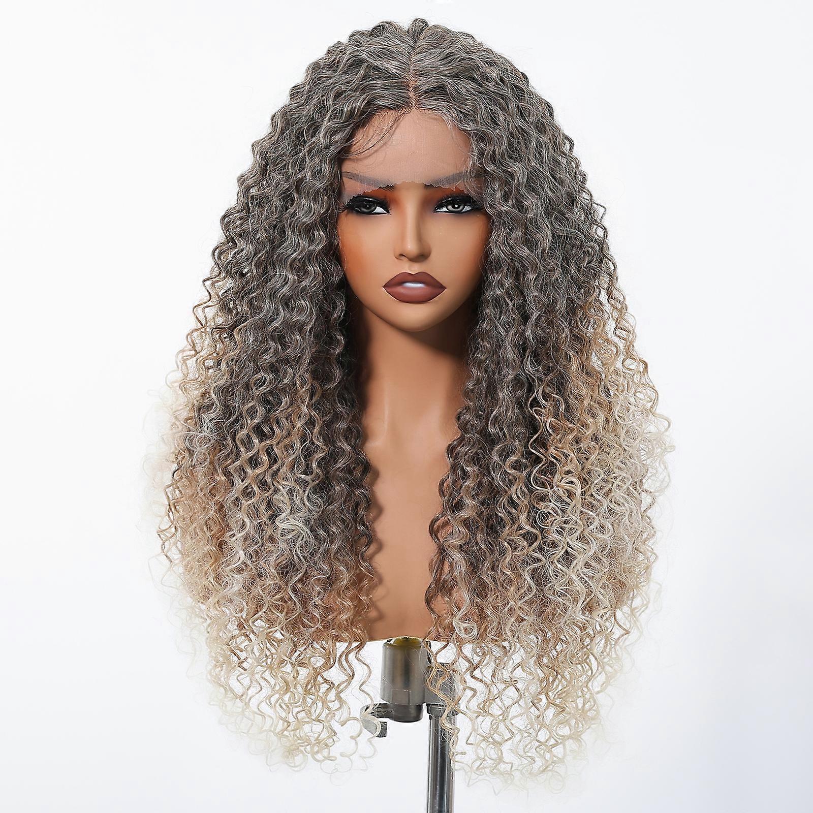 Ombre Grey Kinky Curls Lace Front Wig for Women – Heat-Resistant Synthetic with Natural Look