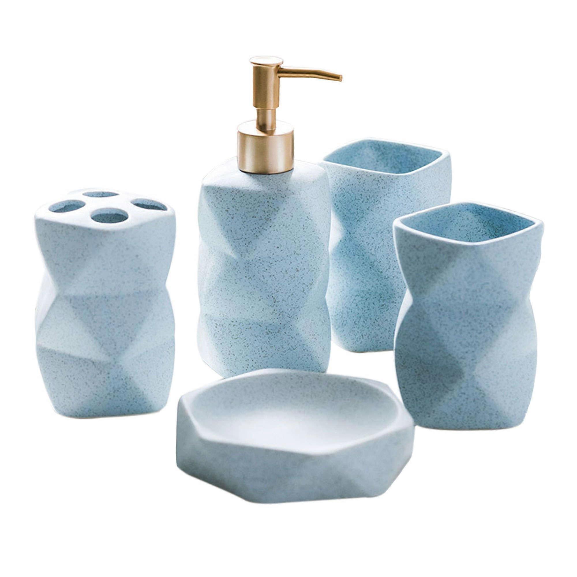 Hand Soap Dispenser, 5Piece Blue Bathroom Accessories Set With Toothbrush Cup