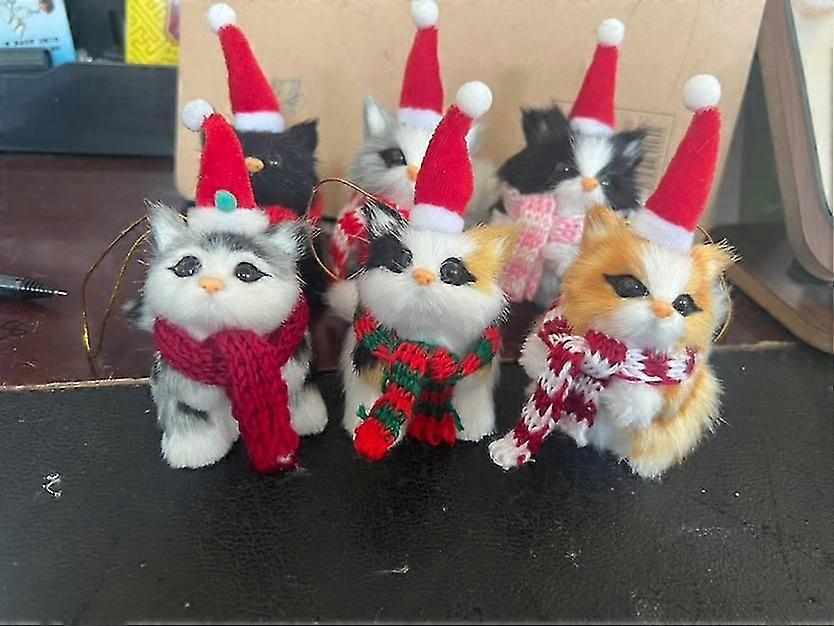6pcs/set Christmas Cat Ornaments With Colorful Scarf Kitten Ornaments Mini Tabby Cat Xmas Tree Holiday Hanging Decoration