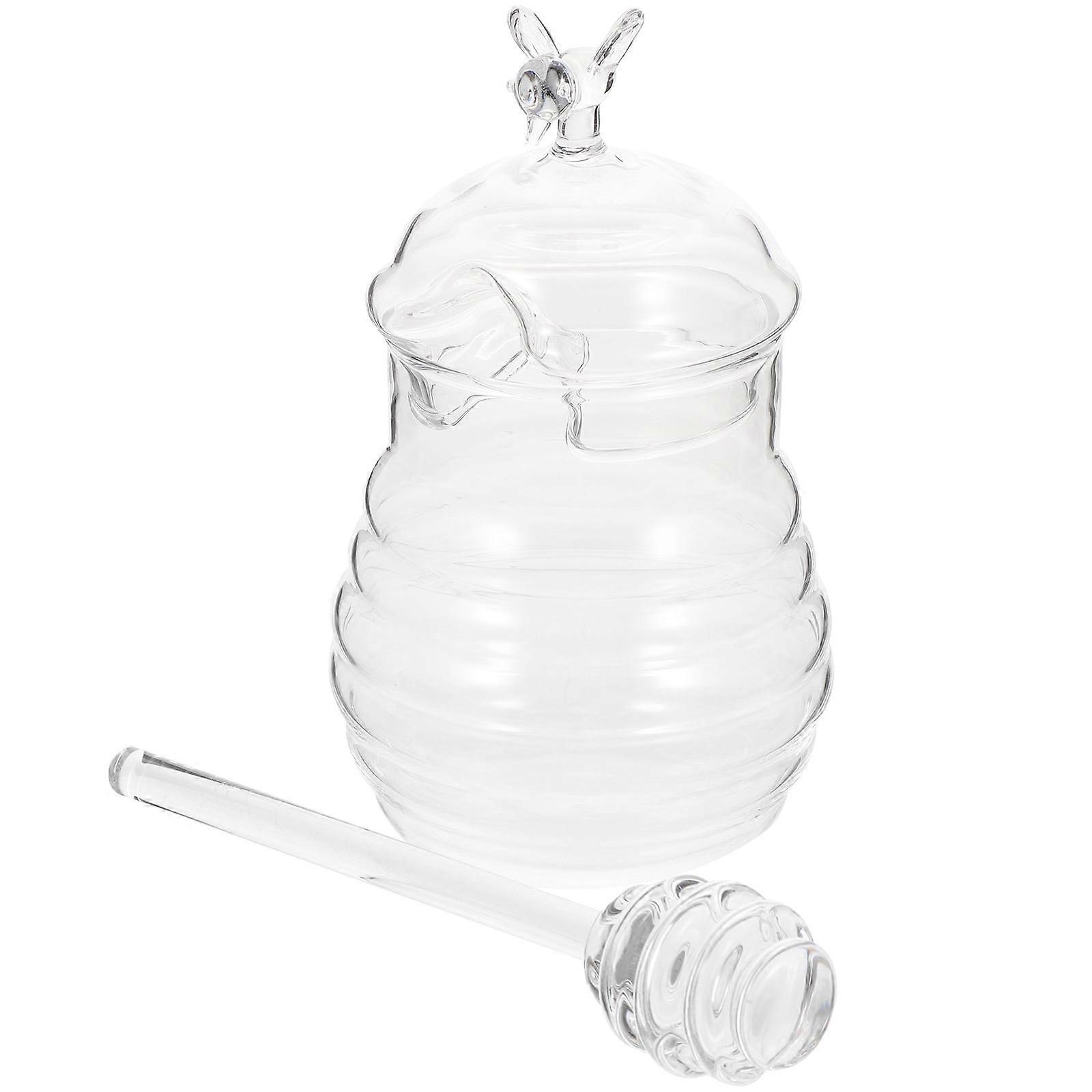 Glass Honey Jar Storage Container Syrup Dispenser with Dipper Pot High Borosilicate