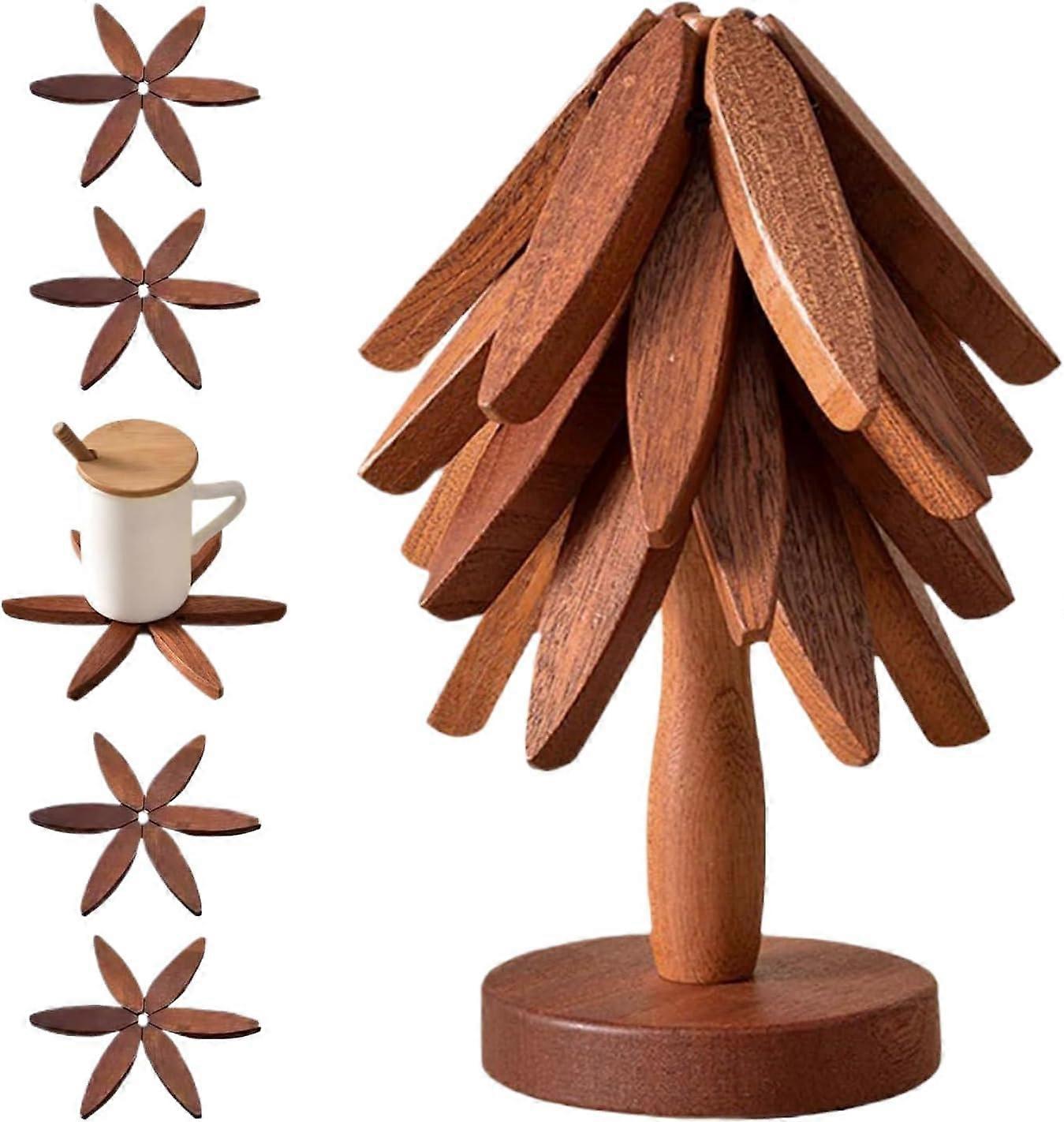 Wooden Trivets for Hot Dishes  Christmas Tree Trivet Set With 4 Trivets And Stand  Stackable Walnut Wood Design