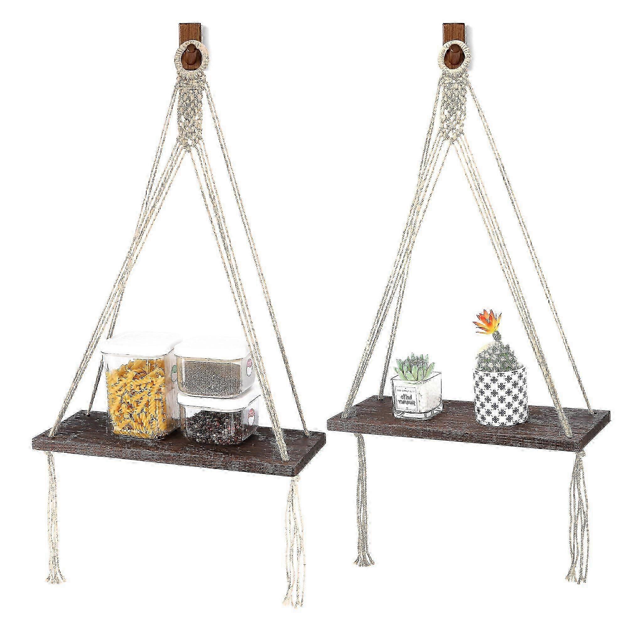 2-Pack Boho Macramé Floating Shelves with Handcrafted Wood Storage for Plants