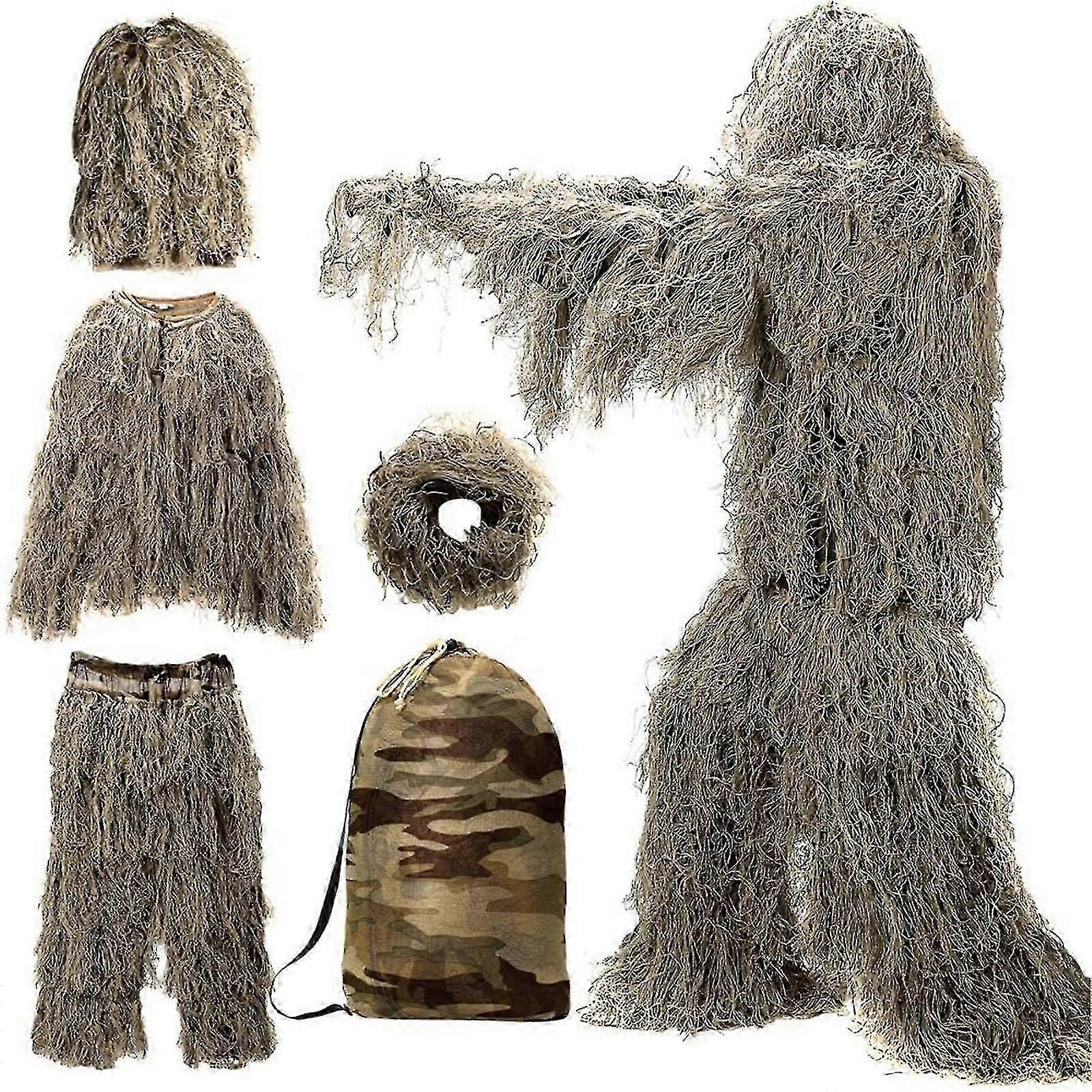 5 i 1 Ghillie Suit, 3d Kamouflage jaktkläder inklusive jacka, byxor, huva, bärväska