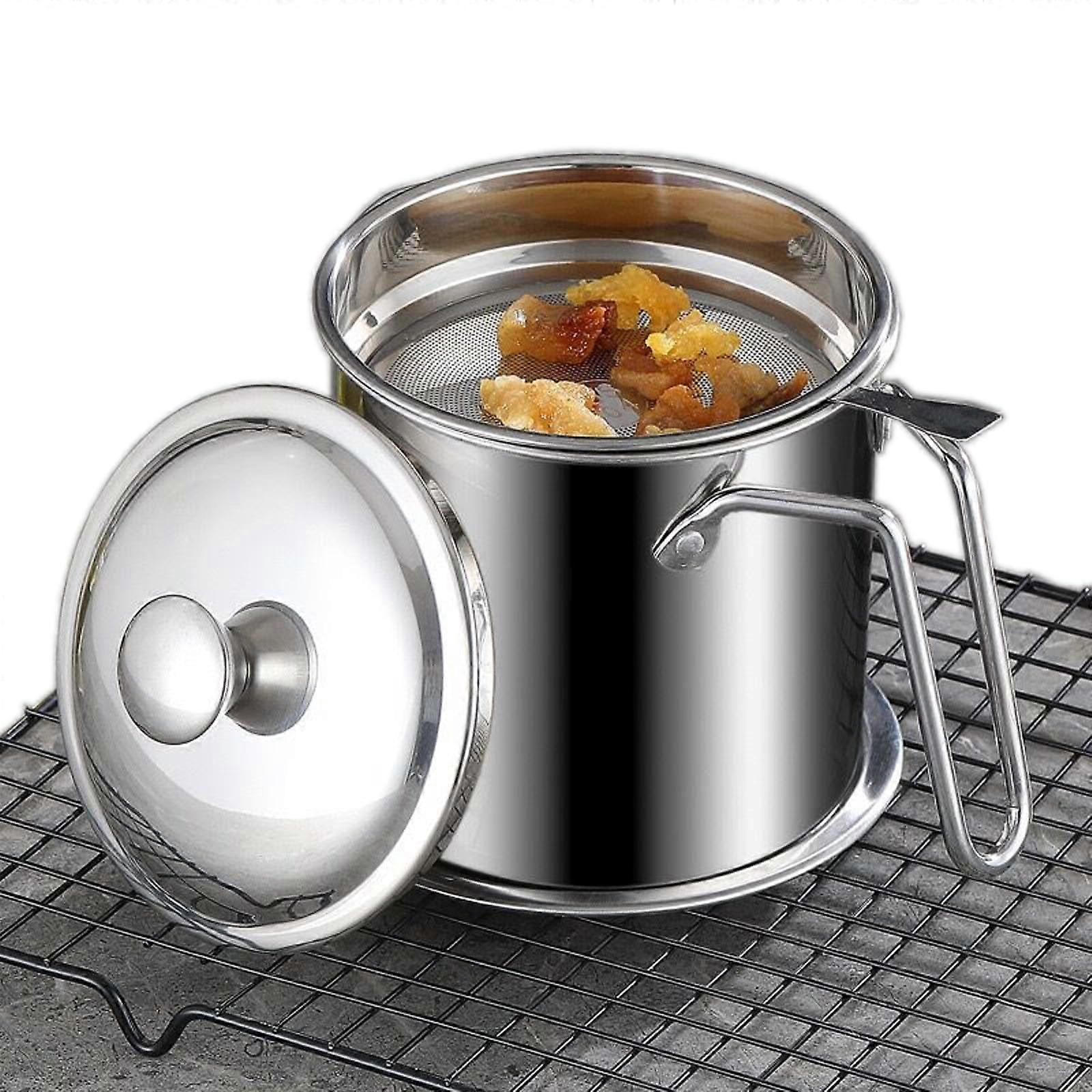Stainless Steel Oil Strainer Pot 1.3L with Fine Mesh, Lid and Drip Tray for Frying Grease Storage