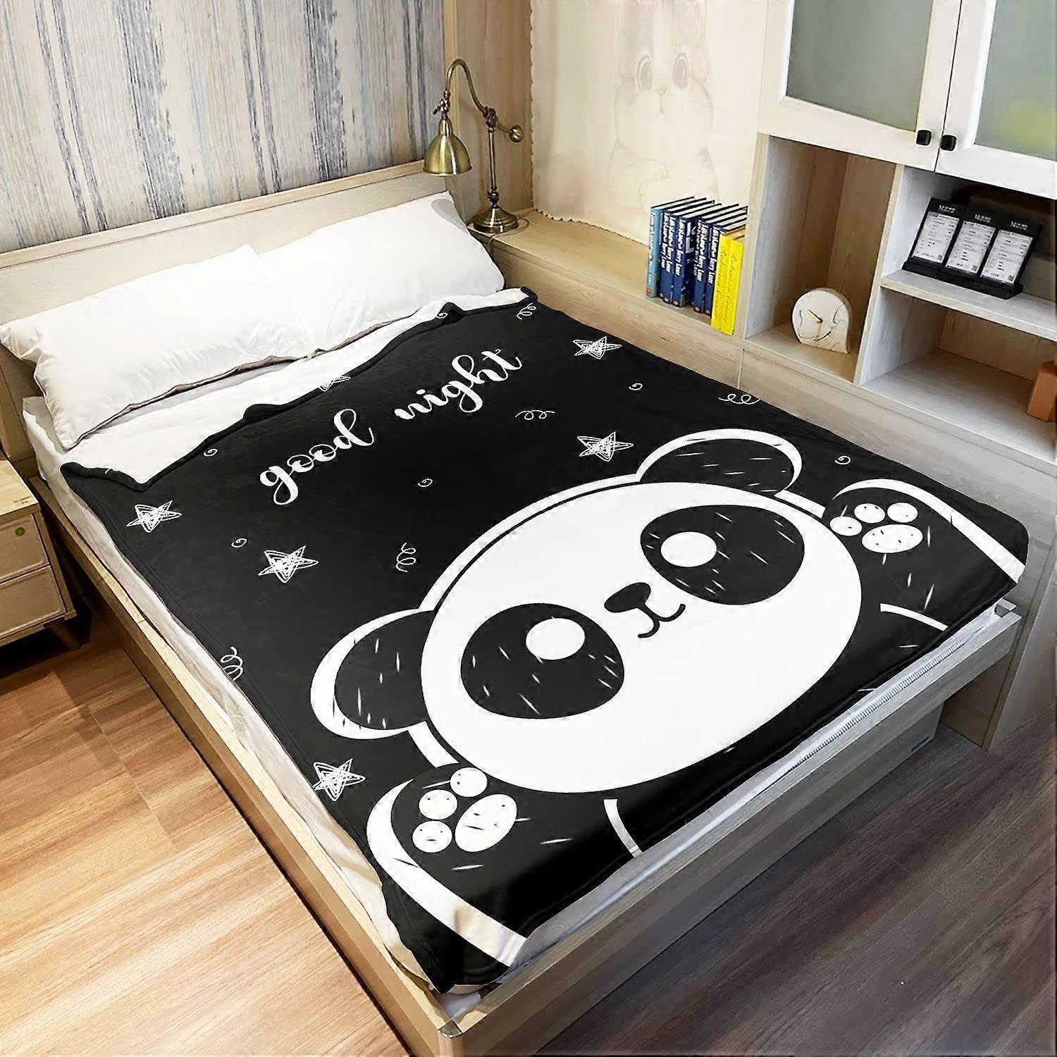 Cartoon Panda Blanket with Star Pattern and Good Night Print for Kids and Family 60'x80'