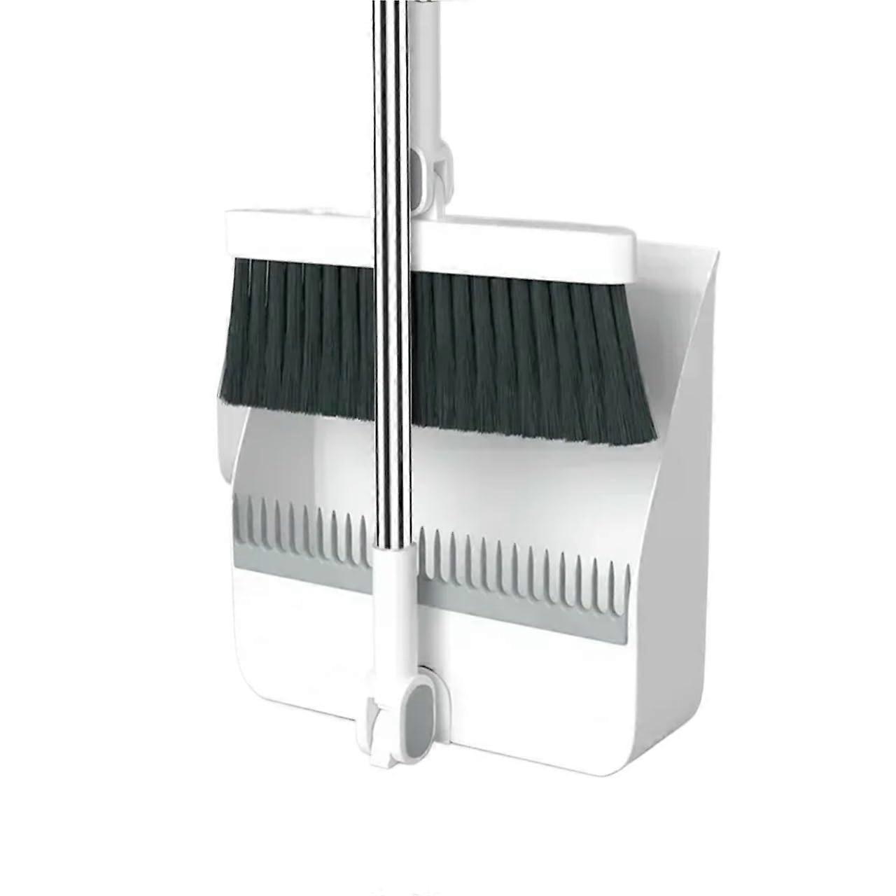 Broom and Dustpan Set of 2 with Folding Scoop, Bathroom Floor Squeegee Brush for Home Cleaning (White)