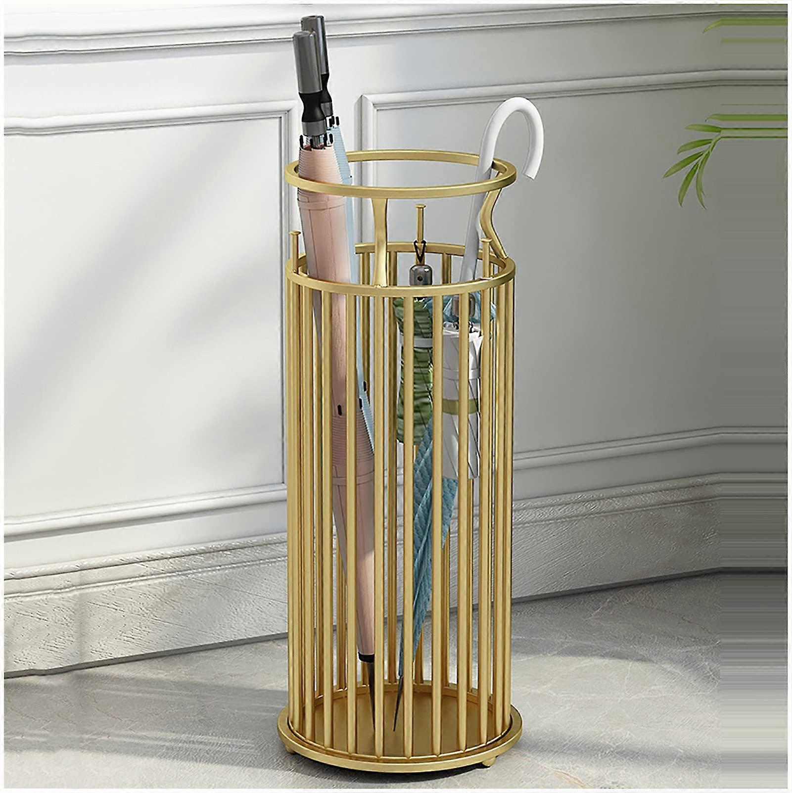 Umbrella Stand Round Metal with Hook and Drip Tray for Long and Short Storage, Gold