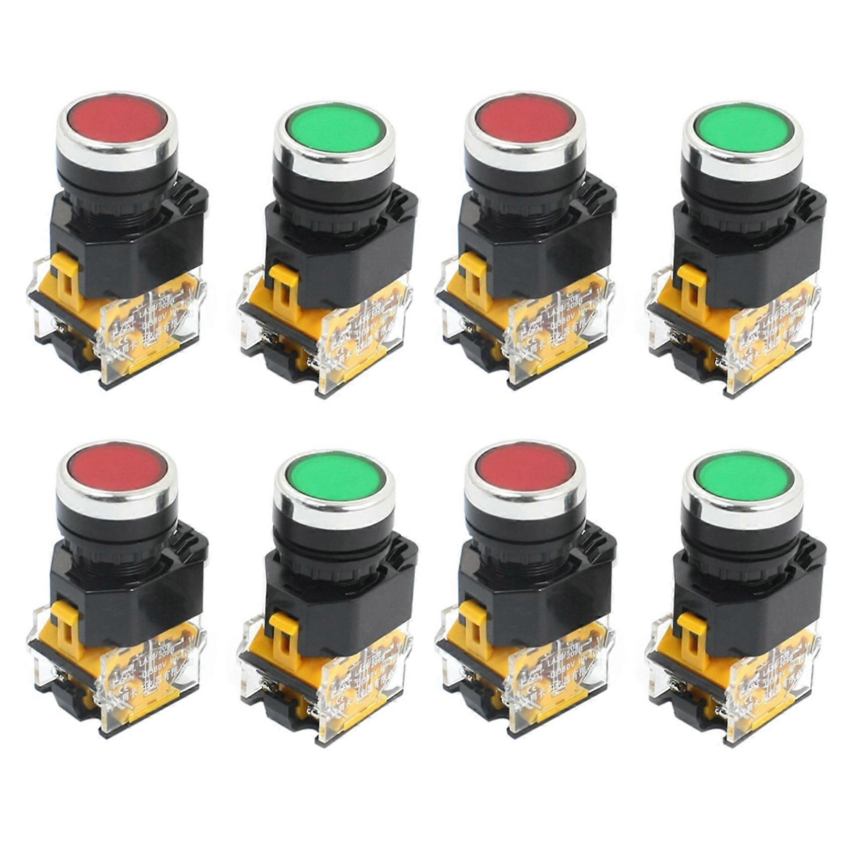 8Pcs 22mm Mount 10A 380V DPST Red Green Momentary Push Button Switch