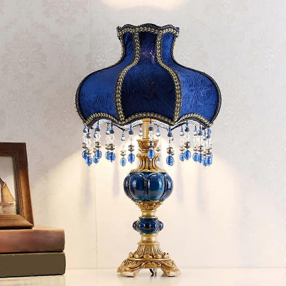 Blue Table Lamp Rustic Bedside Nightstand Light with Fabric Shade and Blue Resin Base for Bedroom