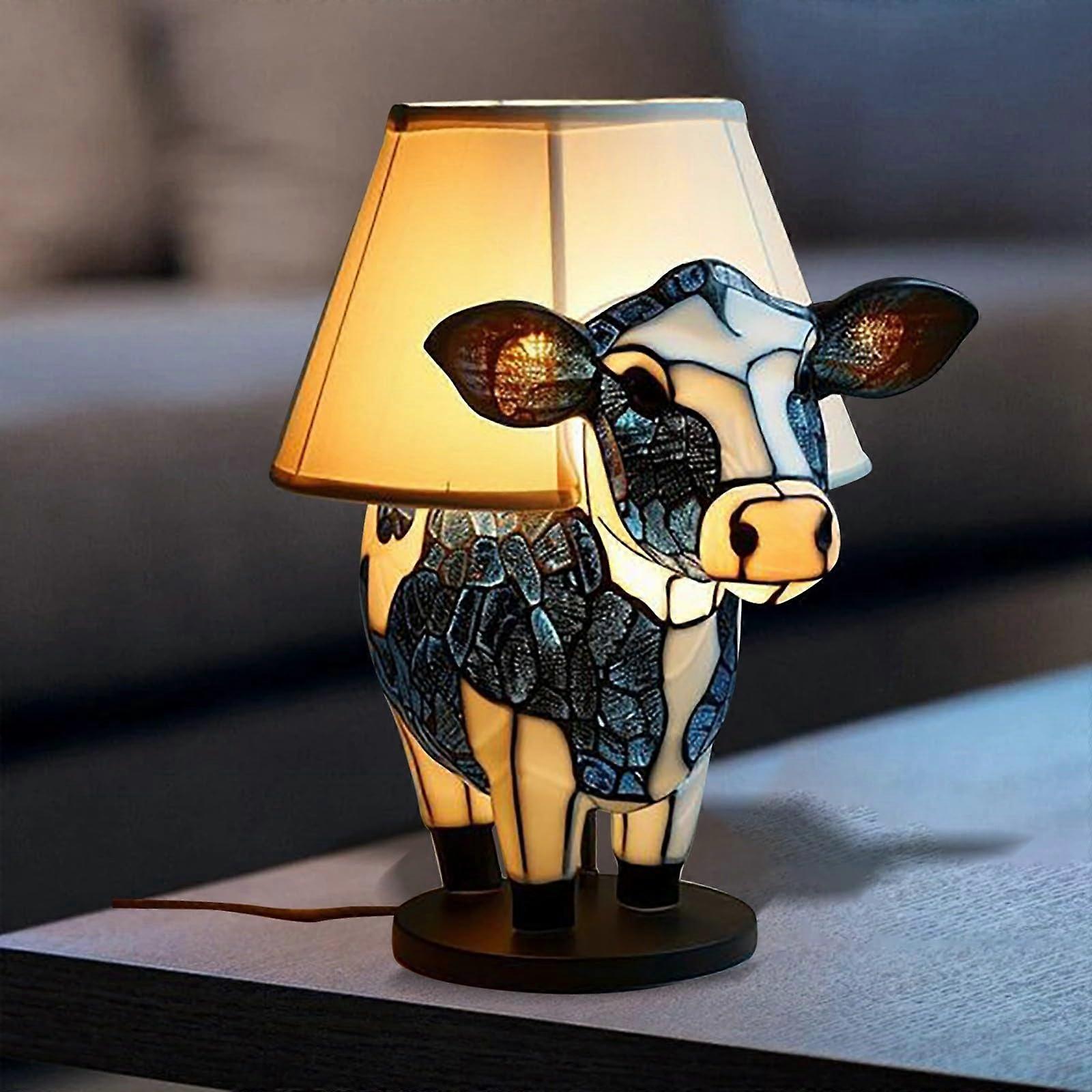 Cow Table Lamp with Wood Base, Rustic Farmhouse Style, Highland Cow Bedside LED Light for Bedroom