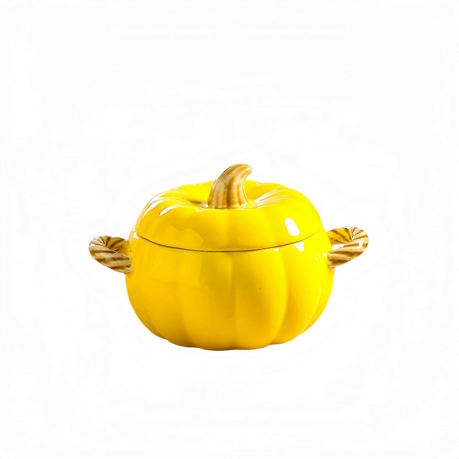 Ceramic Pumpkin Soup Pot with Lid, 10 Inch Double Handle Stew Bowl Set, Gray with Yellow Edge Cup