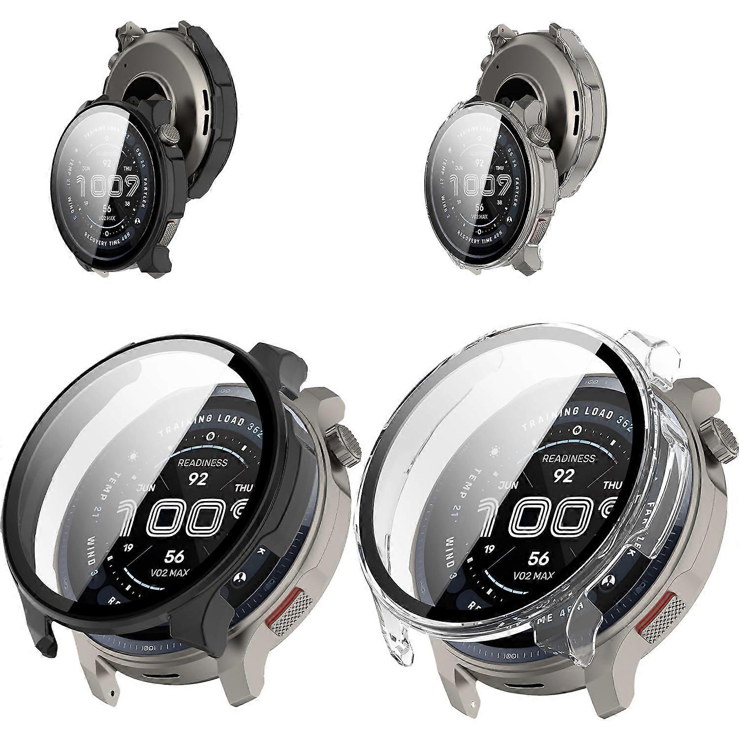 2 Pack Case with 9H Tempered Glass Screen Protector for Amazfit Balance 2, Full Coverage, Black and Transparent