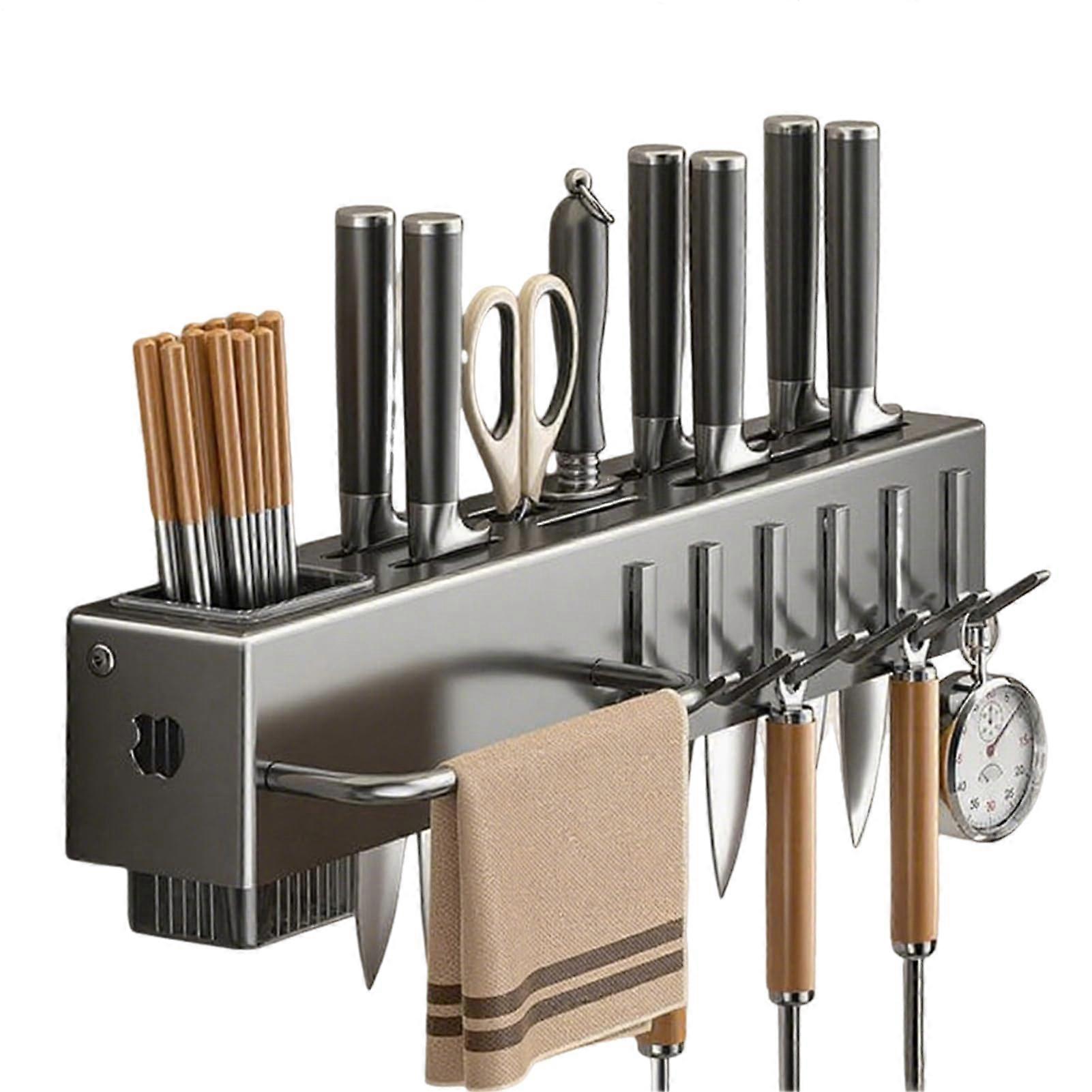 Kitchen Utensil Holder Wall Mounted Cutlery Organizer No Drill Rack with Hooks RustResistant 40CM