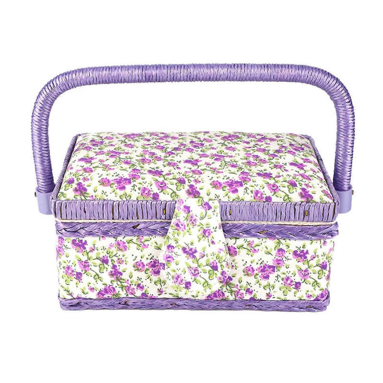 Large Flower Printed Sewing Basket with Handle, DoubleLayer Fabric Organizer for Threads and Needles