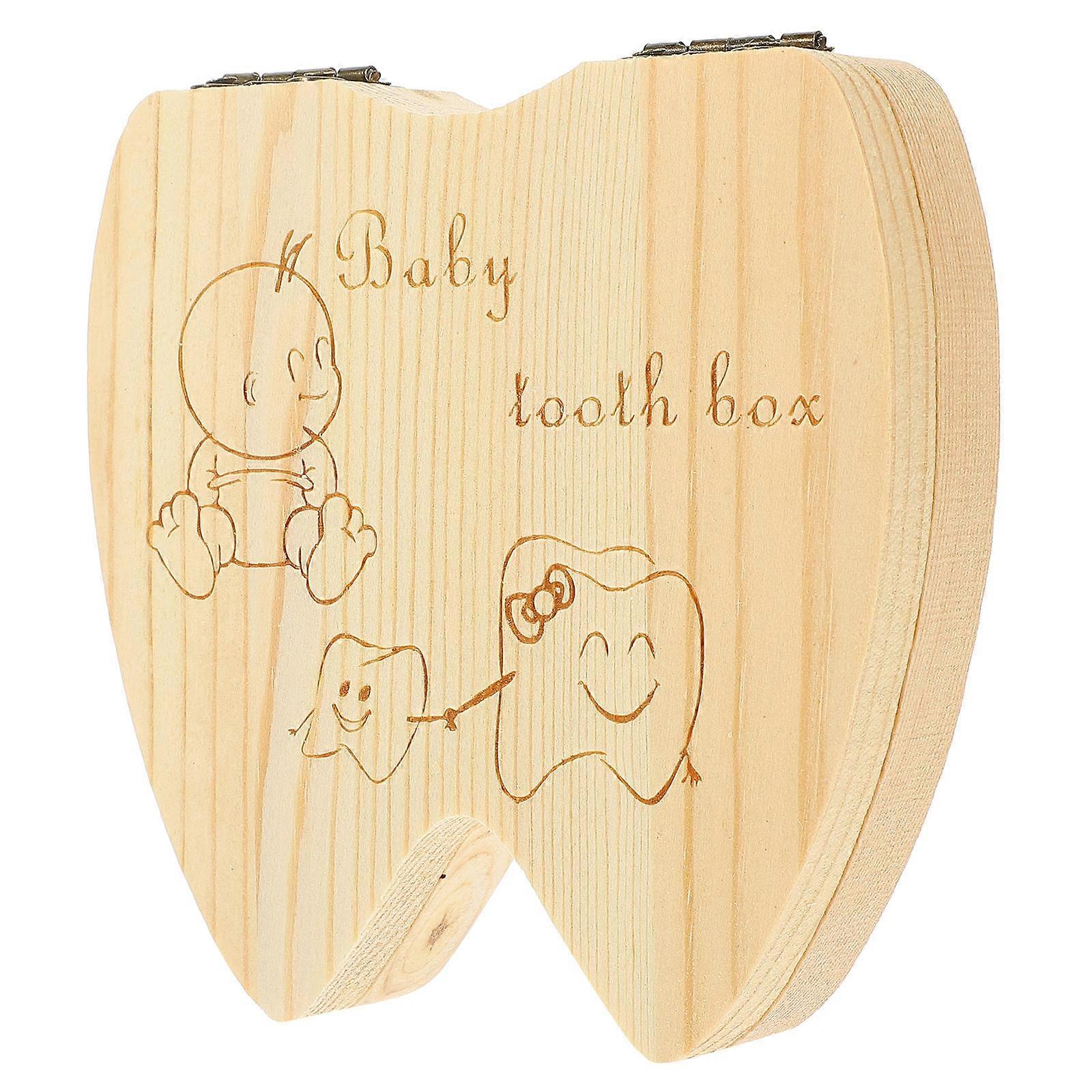 Baby Teeth Keepsake Box Wooden Holder for Saving 3Pcs Light Brown
