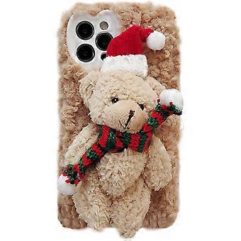 Poupée de dessin animé jouet iPhone XR cas, moelleux 3D mignon peluche fourrure animal couverture souple compatible avec l’étui iPhone (iPhone XR, ours de Noël marron)
