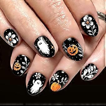 ABS Press On Set Short Oval 24Piece Halloween Style, Black Finish with Pumpkin Floral Art, Adhesive Tabs, Mini File and Instruction Sheet Multicolor