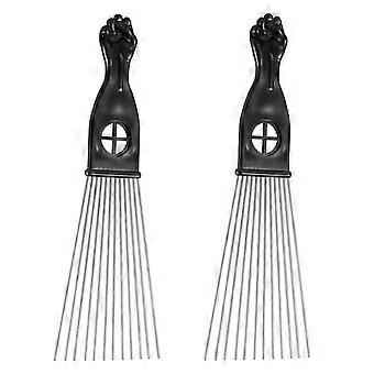 FRCOLOR 2stk Hår Styling Pick Kam Fan Formet Metal Pick Lift Knytnæve Punch Håndtag Mænd Detangle Kam Fletning Paryk Krølle Hår Frisør Tool (Sort)