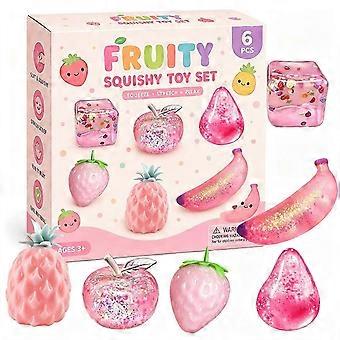 Squishies de frutas transparentes com glitter, brinquedos elásticos de apertar de crescimento lento, brinquedo antiestresse inovador com embalagem para presente, 6 unidades