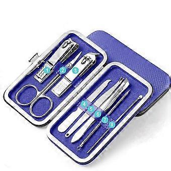 Manicure and Pedicure Set Blue Stainless Steel Nail Clippers Kit with Leather Case